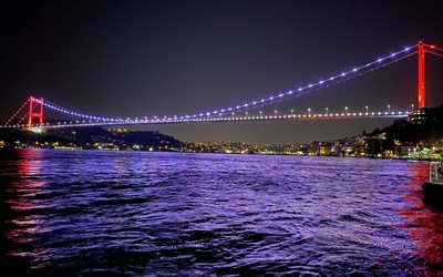 Bosphorus Bridge, night, Bosphorus strait, 15 July Martyrs Bridge, First Bridge, Istanbul, Bosphorus, Istanbul cityscape, Istanbul bridges, Turkey