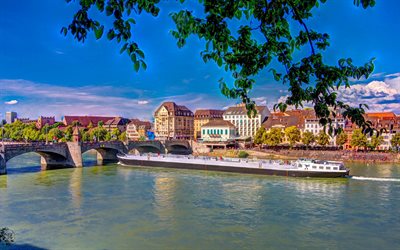 Basel, Mittler Brucke, evening, stone bridge, HDR, Basel cityscape, Basel skyline, Switzerland
