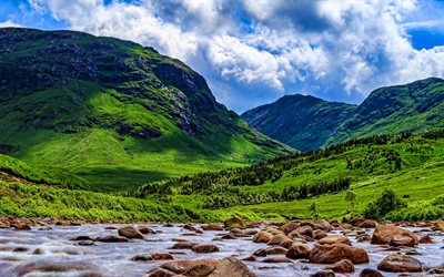 mountains, 4k, green hills, beautiful nature, river, summer, stones, HDR