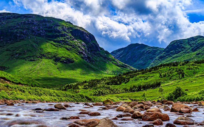 산, 4k, 녹색 언덕들, 아름다운 자연, 강, 여름, 돌, hdr