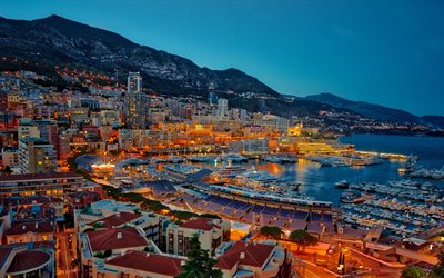 Monte Carlo, 4k, evening, harbor, sunset, monegasque cities, Monaco, Europe, Monte Carlo in evening