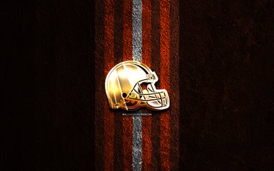 Cleveland Browns golden logo, 4k, orange stone background, NFL, american football team, Cleveland Browns logo, american football, Cleveland Browns