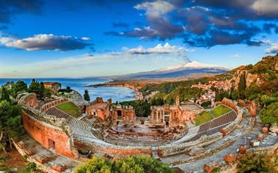 antikes theater von taormina, 4k, hdr, italienische sehenswürdigkeiten, hafen, meer, taormina, sizilien, italien, europa