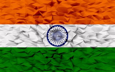 indiens flagga, 4k, 3d polygon bakgrund, indien flagga, 3d polygon textur, indiska flaggan, indiens dag, 3d indien flagga, indiska nationella symboler, 3d konst, indien, asien länder