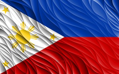 4k, علم الفلبين, أعلام 3d متموجة, الدول الآسيوية, يوم الفلبين, موجات ثلاثية الأبعاد, آسيا, رموز الفلبين الوطنية, فيلبيني