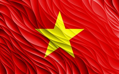 4k, 베트남 국기, 물결 모양의 3d 플래그, 아시아 국가, 베트남의 국기, 베트남의 날, 3d 파도, 아시아, 베트남 국가 상징, 베트남