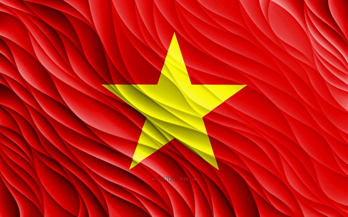 4k, العلم الفيتنامي, أعلام 3d متموجة, الدول الآسيوية, علم فيتنام, يوم فيتنام, موجات ثلاثية الأبعاد, آسيا, الرموز الوطنية الفيتنامية, فيتنام