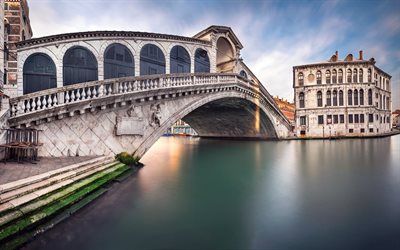 Rialto Bridge, 4k, Venice landmarks, Grand Canal, italian cities, Venice, Italy, Europe, bridges