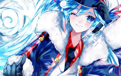 hatsune miku, hiver, vocaloid, protagoniste, fille aux cheveux bleus, manga, fan art, personnages vocaloid, chanteurs virtuels japonais, hatsune miku vocaloid