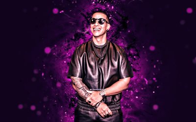 Daddy Yankee, 4k, purple neon lights, Puerto Rican rappers, music stars, Reggaeton, Ramon Luis Ayala Rodriguez, rappers, Puerto Rican celebrity, Daddy Yankee 4K