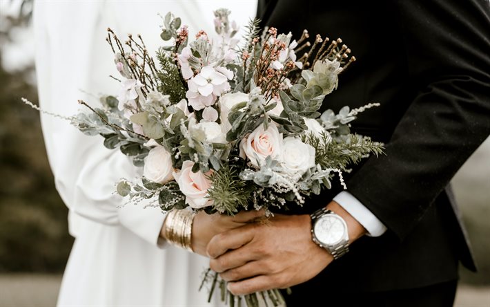 mariée et marié, bouquet de mariage, concepts de mariage, bouquet des mariées, contexte d'invitation de mariage