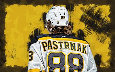 4k, David Pastrnak, grunge art, Boston Bruins, NHL, back view, hockey stars, David Pastrnak 4k, yellow grunge background, hockey players, hockey, David Pastrnak Boston Bruins