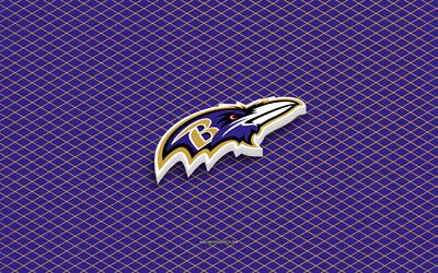 4k, Baltimore Ravens isometric logo, 3d art, American football club, isometric art, Baltimore Ravens, purple background, NFL, USA, American football, isometric emblem, Baltimore Ravens logo