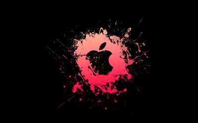 Apple pink logo, 4k, minimalism, creative, pink grunge splashes, Apple grunge logo, Apple logo, artwork, Apple