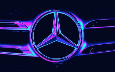 Mercedes-Benz logo, 4K, Cyberpunk, creative, Mercedes-Benz 3D logo, cars brands, abstract art, Mercedes-Benz
