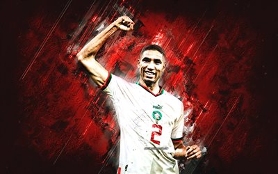 achraf hakimi, seleção nacional de futebol de marrocos, jogador de futebol marroquino, meio campista, fundo de pedra vermelha, marrocos, futebol americano