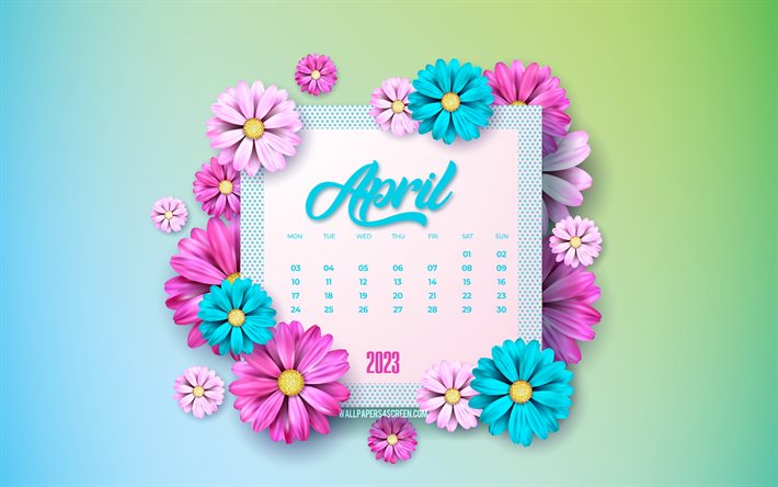 4k, april 2023 kalender, blå lila vårblommor, aprilkalender 2023, grön blå bakgrund, blommor mönster, april, våren 2023 kalender, 2023 koncept
