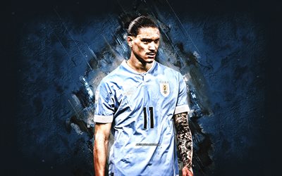 darwin nunez, porträt, uruguayische fußballnationalmannschaft, uruguayischer fußballspieler, nach vorne, hintergrund aus blauem stein, uruguay, fußball