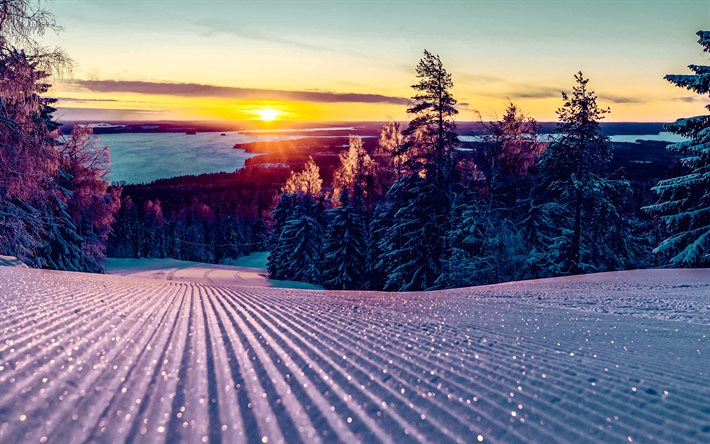 lago sapsojarvi, inverno, neve, paisagem de inverno, pista de esqui, estância de esqui, finlândia, sapsojarvet, vuokatti