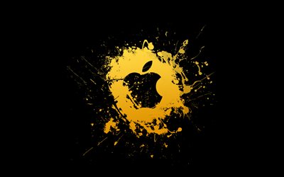 アップルイエローのロゴ, 4k, ミニマリズム, クリエイティブ, 黄色のグランジ水しぶき, アップル グランジ ロゴ, アップルのロゴ, アートワーク, アップル