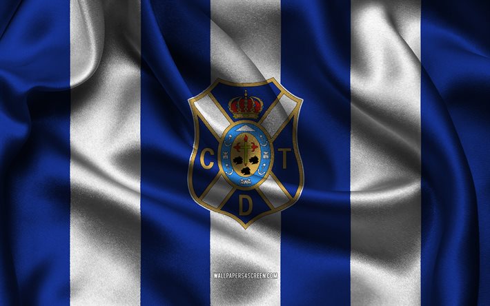 4k, cd tenerife logo, tecido de seda branca azul, time de futebol espanhol, cd tenerife emblem, divisão segunda, cd tenerife, espanha, futebol, cd tenerife flag, tenerife fc