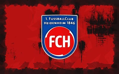 fc logo grunge heidenheim, 4k, bundesliga, sfondo del grunge rosso, calcio, emblema fc heidenheim, logo fc heidenheim, fc heidenheim, club di calcio tedesco, heidenheim fc