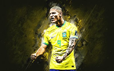 richarlison, squadra di calcio nazionale brasiliano, calciatore brasiliano, sfondo di pietra gialla, brasile, calcio, richarlison de andrade