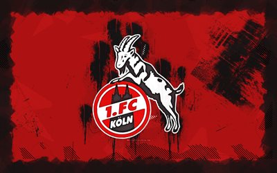 FC Koln grunge logo, 4k, Bundesliga, red grunge background, soccer, FC Koln emblem, football, FC Koln logo, FC Koln, german football club, Koln FC