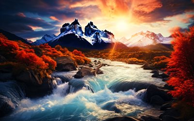 monte fitz roy, 4k, río de montaña, otoño, patagonia, argentina, cerro chalten, hermosa naturaleza, montañas, hdr