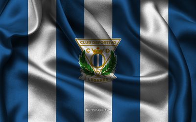 4k, cd leganes logo, blau weißer seidenstoff, spanische fußballmannschaft, cd leganes emblem, segunda division, cd leganes, spanien, fußball, cd leganes flag, leganes fc