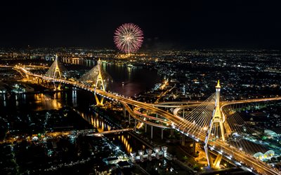 Bangkok, nuit, pont, feux d'artifice, de la Thaïlande