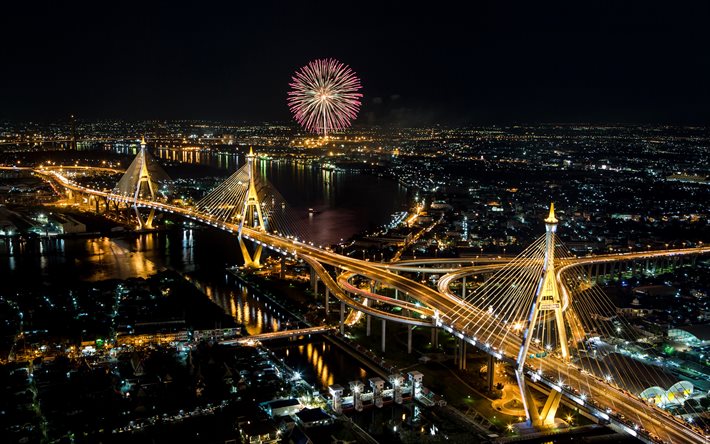 bangkok, noite, ponte, fogos de artifício, tailândia