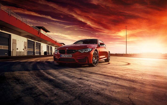 BMW M4 Coupé, 2017, auto sportive, rosso m4, nuova m4, auto tedesche, pista da corsa, tramonto, BMW