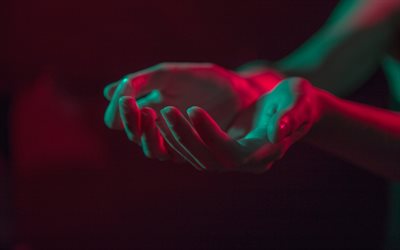 손, 네온 빛, 여성의 손, 붉은 빛이