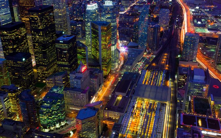 Toronto, noche, rascacielos, luces de la ciudad, calles, Canadá
