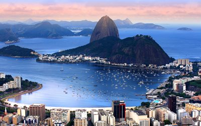 Rio de Janeiro, Gün batımı, okyanus, dağlar, koylar, Brezilya