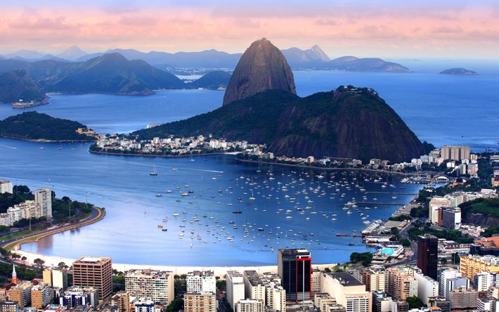 Río de Janeiro, puesta de sol, mar, montañas, cuevas, océano, Brasil