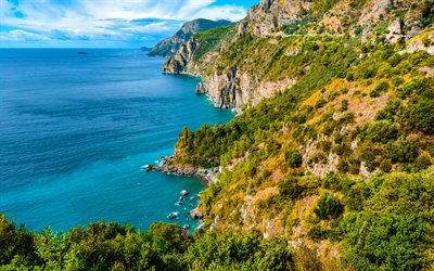 Amalfi, 4k, sahil, deniz, yaz, tepeler, İtalya