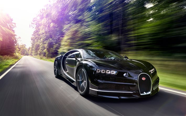 Bugatti Chiron, 2017, sportcars, mouvement, noir bugatti