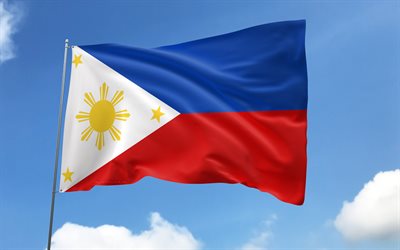 علم الفلبين على سارية العلم, 4k, الدول الآسيوية, السماء الزرقاء, علم الفلبين, أعلام الساتان المتموجة, رموز الفلبين الوطنية, سارية العلم مع الأعلام, يوم الفلبين, آسيا, فيلبيني