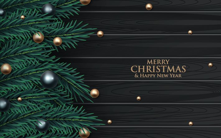 frohe weihnachten, dunkler holzhintergrund mit tannenzweigen, weihnachtsbaum, goldene weihnachtskugeln, tannenzweige, holzstruktur