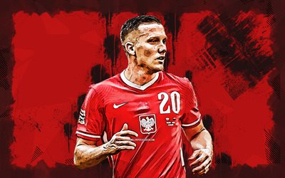 4k, Piotr Zielinski, grunge art, Poland National Team, soccer, footballers, red grunge background, Polish football team, Piotr Zielinski 4K