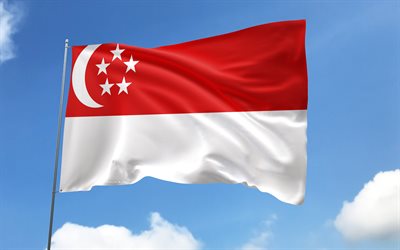 bandeira de cingapura no mastro, 4k, países asiáticos, céu azul, bandeira de singapura, bandeiras de cetim onduladas, símbolos nacionais de singapura, mastro com bandeiras, dia de singapura, ásia, cingapura