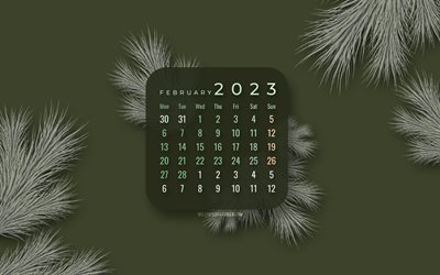 4k, calendario febbraio 2023, sfondi verdi, abete, calendari invernali, 2023 concetti, calendari di febbraio, creativo, calendari 2023, febbraio