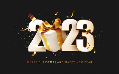 Happy New Year 2023, 4k, 2023 golden background, golden gift box, 2023 Happy New Year, 2023 greeting card, 2023 concepts