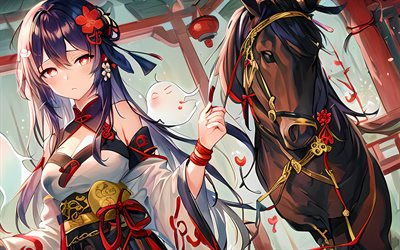 4k, hu tao con caballo, impacto genshin, protagonista, ojos rojos, hu tao, personajes de genshin impact, manga, impacto de hu tao genshin