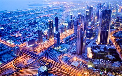 Dubai, 4k, UAE, aerial view, evening, sunset, skyscrapers, modern buildings, Dubai panorama, Dubai cityscape, United Arab Emirates