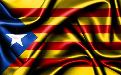 에스텔라다 카탈로니아 국기, 4k, 스페인 커뮤니티, 패브릭 플래그, 에스텔라다 카탈로니아의 날, 물결 모양의 실크 깃발, 스페인, 스페인의 공동체, 에스텔라다 카탈로니아