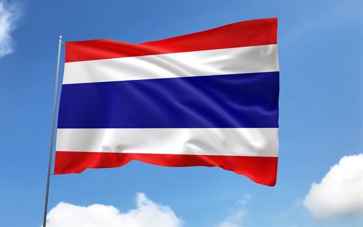 Thailand flag on flagpole, 4K, Asian countries, blue sky, flag of Thailand, wavy satin flags, Thai flag, Thai national symbols, flagpole with flags, Day of Thailand, Asia, Thailand flag, Thailand