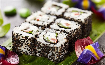 uramaki, 4k, macro, comida asiática, sushi, rollos, comida rápida, rollo california, comida japonesa, foto con sushi